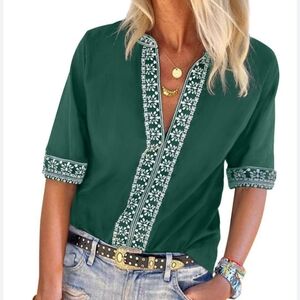 Amazon Essentials Green w/ White Embroidered Short Sleeve Blouse